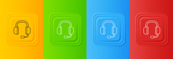 White Headphones icon isolated on colorful background. Support customer service, hotline, call center, faq, maintenance. Set icons in square buttons. Vector