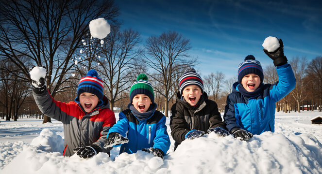 Group of happy children having a snowball fight in a winter park. Four young boys in warm hats and jackets playing together outdoors in the snow