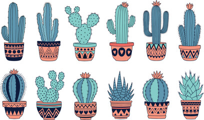 Potted Cactus Vector Set Featuring Decorative Succulent Plants in Patterned Pots with Boho and Modern Flat Design