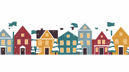 Charming Winter Village Scene with Festive Houses and Snow-Covered Trees