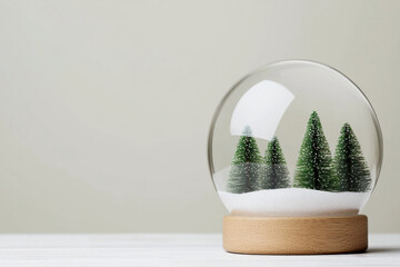 Minimal christmas snow globe with green pine tree and white snow on wooden table, peaceful winter holiday decoration concept