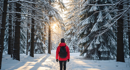 A person in a red jacket hiking on a snowy path in a winter forest. Hiker with a backpack walking through snow-covered trees towards the bright sun