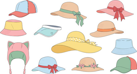 Summer Hat Vector Set Featuring Sun Hats, Beach Hats, Visors, and Cute Headwear Accessories in Pastel Colors