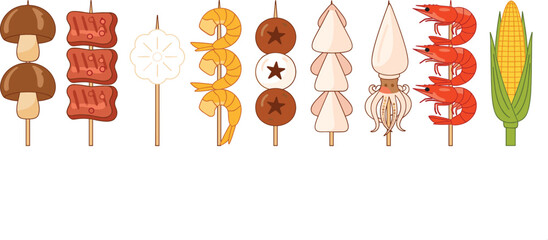 Street Food Skewer Vector Set Featuring Grilled Seafood, Meat, Mushrooms, Shrimp, Squid, and Corn on Sticks