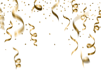 Golden celebration confetti falling from above on a fully transparent background. Ideal for party graphics, event promotions, festive overlays, New Year designs, birthdays, weddings, and luxury