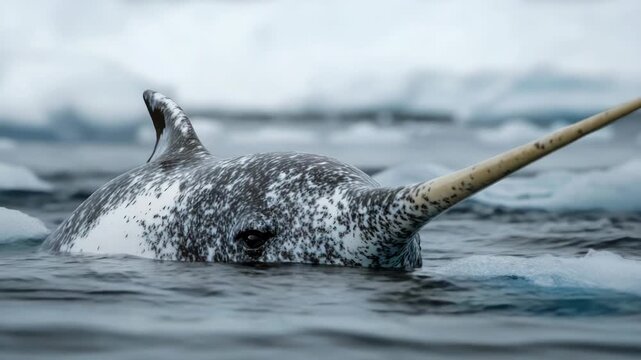 Video Narwhal swims in the ocean, its distinctive long horn visible
