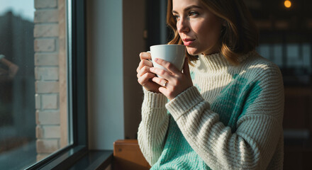 Young woman holding a cup of coffee and looking out the window