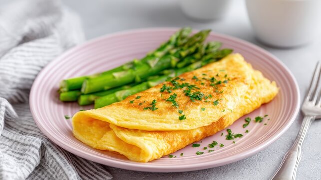Delicious fluffy omelette served on a pink plate alongside fresh green asparagus, garnished with herbs, creating a vibrant and appetizing breakfast scene