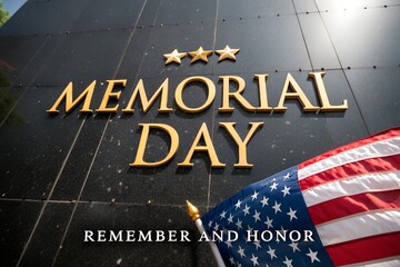 Memorial day remember and honor tribute with american flag on solemn stone wall