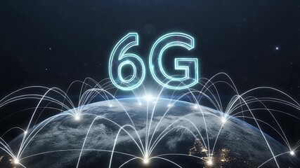 A glowing transparent 6G text floats above a digital earth surrounded by global network lines and futuristic light effects - Powered by Adobe