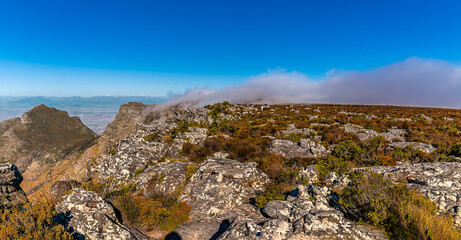 A view of clouds building up on the summit of Table mountain, South Africa in springtime