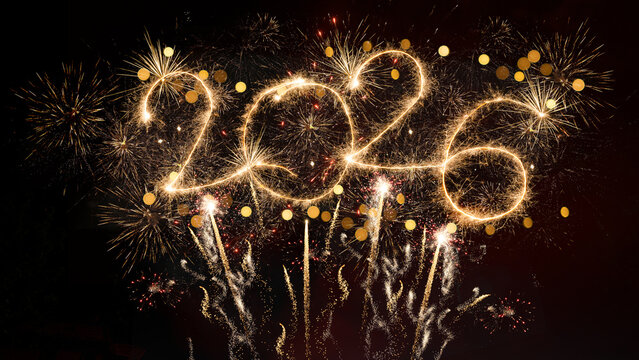 happy new year, new year's eve, silvester, new year, celebration greeting card, new year card - Year 2026 in sparkler font and firework fireworks pyrotechnic, isolated on black night sky background - Powered by Adobe