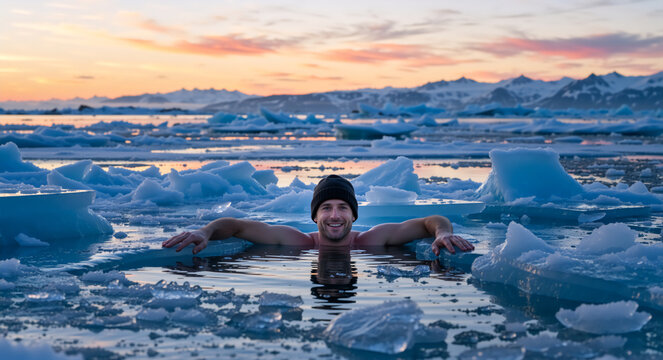 Smiling man swimming in ice cold water with glaciers during sunset. Winter swimming in frozen arctic sea. Cold therapy and healthy lifestyle concept