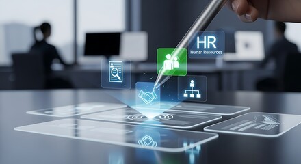 A person interacting with holographic human resources data displays including charts and icons in a modern office setting