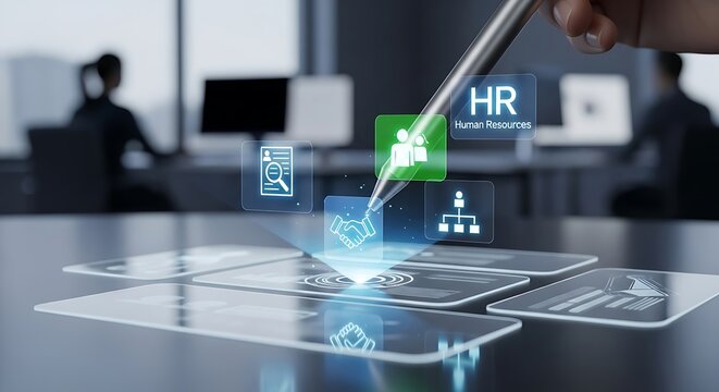 A person interacting with holographic human resources data displays including charts and icons in a modern office setting - Powered by Adobe