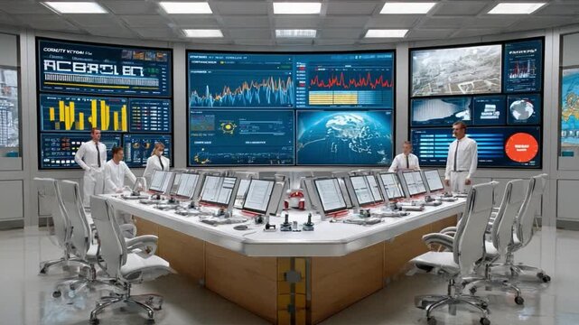 Control Center Dynamics: Scientists in lab coats are immersed in the complexities of their scientific tasks within a command center. They are diligently reviewing data on a series of screens.
