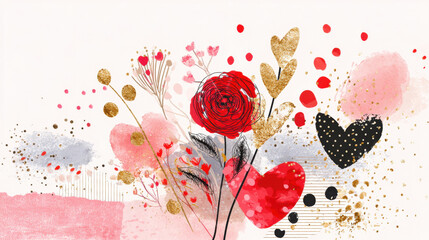 Love blooms in abstract floral art with red rose, gold and black heart shapes, watercolor splashes and joyful romantic expression