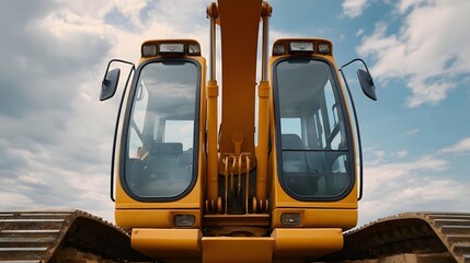 Front view of a yellow excavator with dual operator cabs and visible hydraulic arms against a cloudy sky