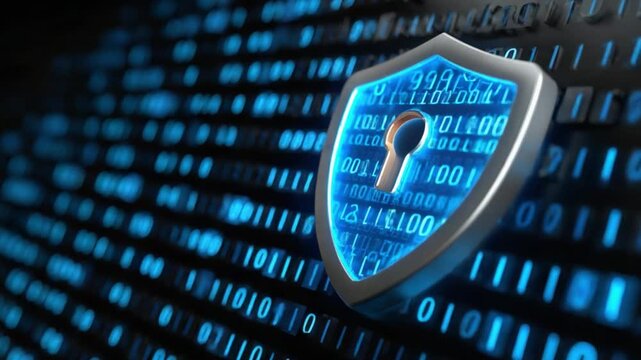 Digital Shield: A 3D rendered image features a digital shield with keyhole symbol, representing cyber security over a binary code background, emphasizing data protection in a digital world.