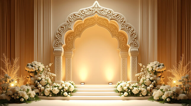 Arabesque Gold Islamic Wedding Stage | Luxurious Nikah Arch Decor