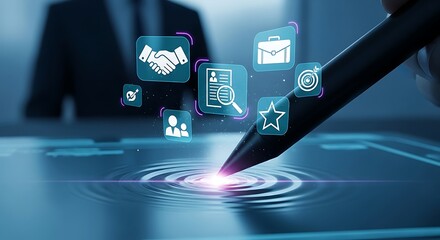 Digital transformation concept with a stylus interacting with floating icons representing business and technology solutions