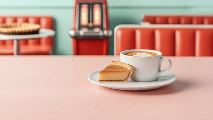 Minimalist retro diner scene featuring coffee cup with heart latte art and caramel pie slice on pink table, with blurred jukebox and red booth background, 50s vintage aesthetic style.