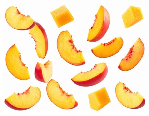 Vibrant image of sliced peaches and mango cubes isolated on white, perfect for healthy eating and summer fruit themes.