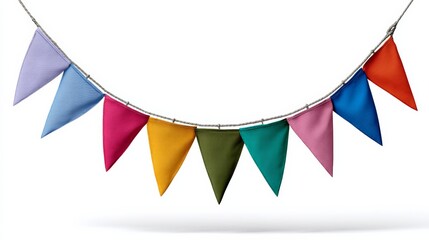 Colorful triangular fabric pennant flags strung together on a wire, creating a festive atmosphere for celebrations, parties, and events, ideal for decoration and design purposes