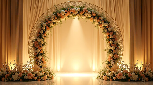 Arabesque Gold Islamic Wedding Stage | Luxurious Nikah Arch Decor