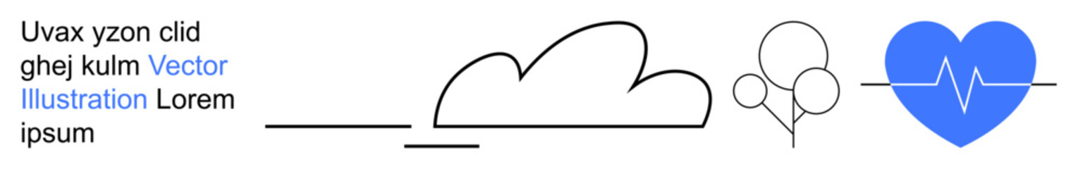 Healthcare, wellness, lifestyle, creativity, modern designs, visual communication. Sketch-style cloud, floating balloons heart with ECG line. Healthcare and wellness concept