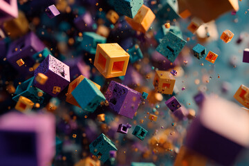 abstract background of colorful floating cubes and geometric shapes