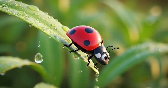 A vibrant ladybug perched on a dew-covered leaf in a lush green environment