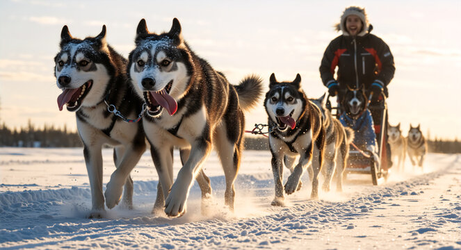 Team of energetic sled dogs running through snow on a sunny winter day. Siberian Huskies pulling a sled with a musher in the background. Winter sport and adventure concept