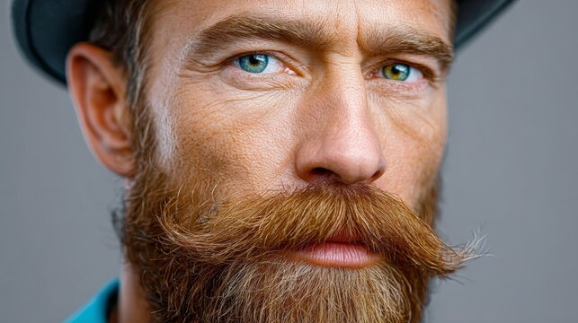 Close-up portrait of a mature man with a well-groomed beard and mustache, wearing a stylish hat, showcasing facial features and expressions in a neutral background, emphasizing individuality and chara