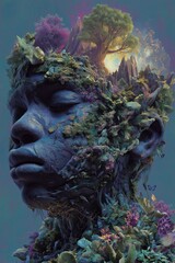 Surreal Nature Sculpture Face Blending Plants and Landscape