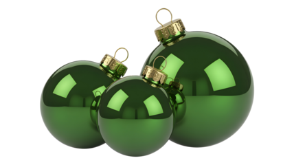 Three shiny green Christmas ornaments with gold caps, varying in size, against a clean white background.