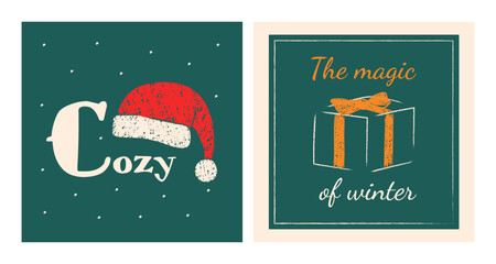 Minimalist Christmas greeting cards with pastel textures. Vector template for banners, posts, and covers