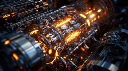 hyper detailed modern car engine cutaway, dense complex internals, glowing oil channels, high tech precision, futuristic metallic textures, dramatic