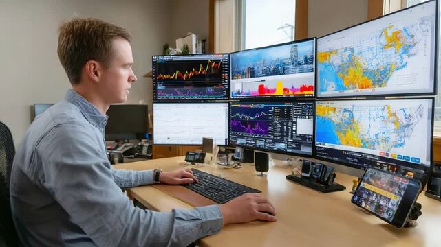 Data Analyst at Work: A focused data analyst meticulously examines information, immersed in a high-tech setting. Multiple screens display complex data.