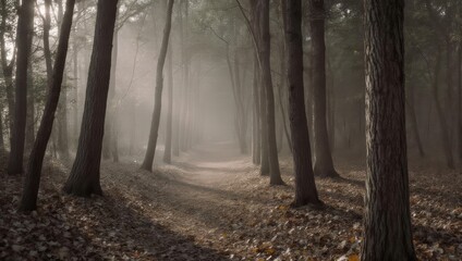 Naklejka premium Misty Forest Path Bathed in Golden Sunlight.