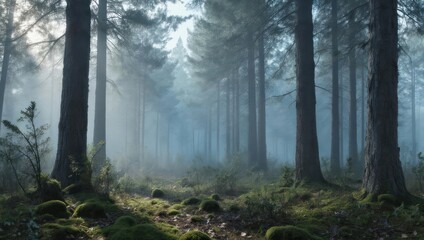 Obraz premium Misty Forest Landscape with Sunlight and Tall Trees.