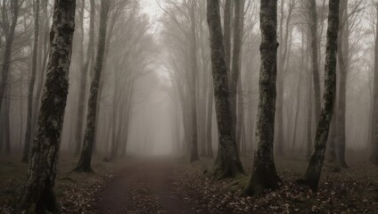 Misty Forest Path with Tall Trees and Ethereal Fog.