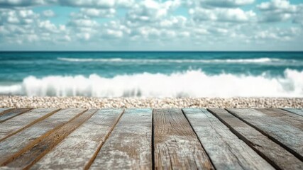 Video A wooden deck overlooking the ocean on a sunny day, perfect for relaxation or family gatherings