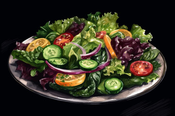 Fresh Vegetable Salad with Lettuce, Cucumber, Tomato and Carrot on Plate, Black Isolated Background, Vector Illustration