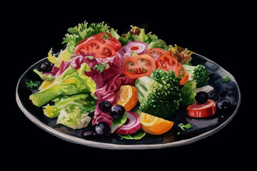 Fresh Vegetable Salad with Lettuce, Cucumber, Tomato and Carrot on Plate, Black Isolated Background, Vector Illustration