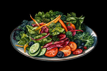 Fresh Vegetable Salad with Lettuce, Cucumber, Tomato and Carrot on Plate, Black Isolated Background, Vector Illustration