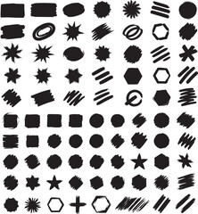 Diverse collection of hand-drawn black ink brush strokes, grunge shapes, and distressed design elements for creative projects.