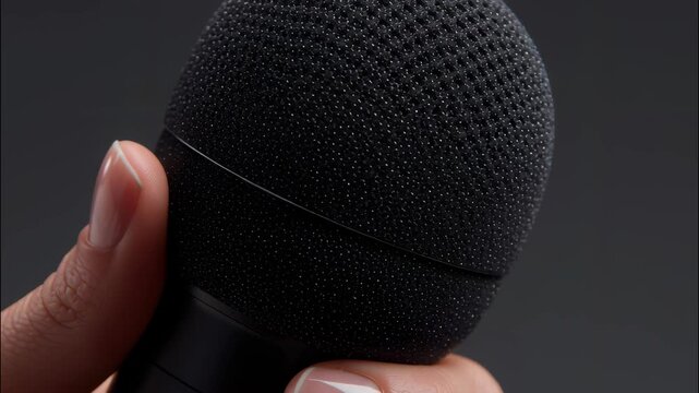Female hand holds a black microphone a dark background, representing communication, public music, and interview, speaking video 4k