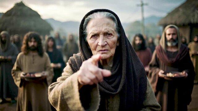 An old fortune-teller who predicts the future, with hungry poor people in the background.