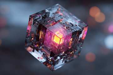 Abstract cubic crystal with glowing neon pink and orange core